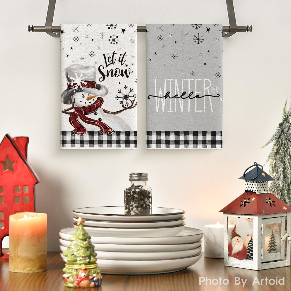 Buffalo Plaid Snowman Let It Snow Winter Kitchen Towels Dish Towels, 18X26 Inch Daily Seasonal Christmas Decoration Hand Towels Set of 2