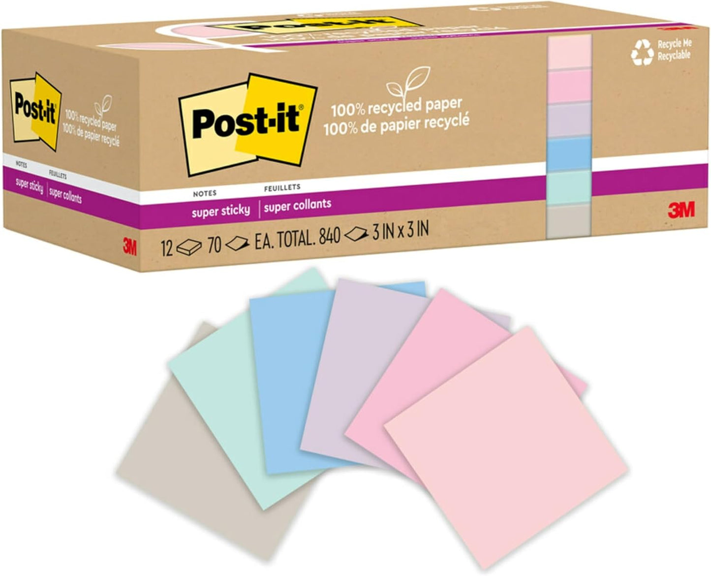 100% Recycled Paper Super Sticky Notes, 2X the Sticking Power, 3X3 In, 12 Pads/Pack, 70 Sheets/Pad, Wanderlust Pastels Collection