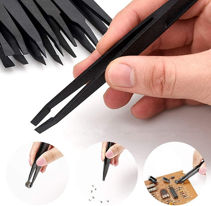 Anti-Static Tweezers, Precision Slant Plastic Flat Tip for Jewelry Craft DIY Beauty Electronics Repair Tool (Black)