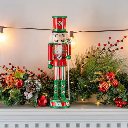 15 In. Wooden Peppermint Christmas Nutcracker -Red, White and Green Glitter Candy Holiday Nutcracker Toy Soldier