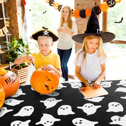 4Pcs Halloween Plastic Tablecloths White Black Ghost Disposable Table Cover Spooky Rectangle Table Cloth for Halloween Party Table Decor, 54 X 108 Inch