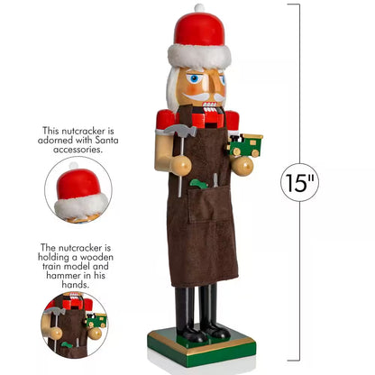 15 In. Wooden Christmas Toy Maker Nutcracker-Red and Green Wood Nutcracker with Brown Apron, Toy Car and Hammer-Holiday