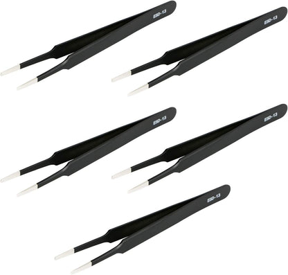 Aoje-Link ESD-13 Professional Anti-Static Precision Technology Tweezers, Non-Magnetic Flat and Round, Stainless Steel Plastic Coated, Full Length 120Mm, Black, 5Pcs