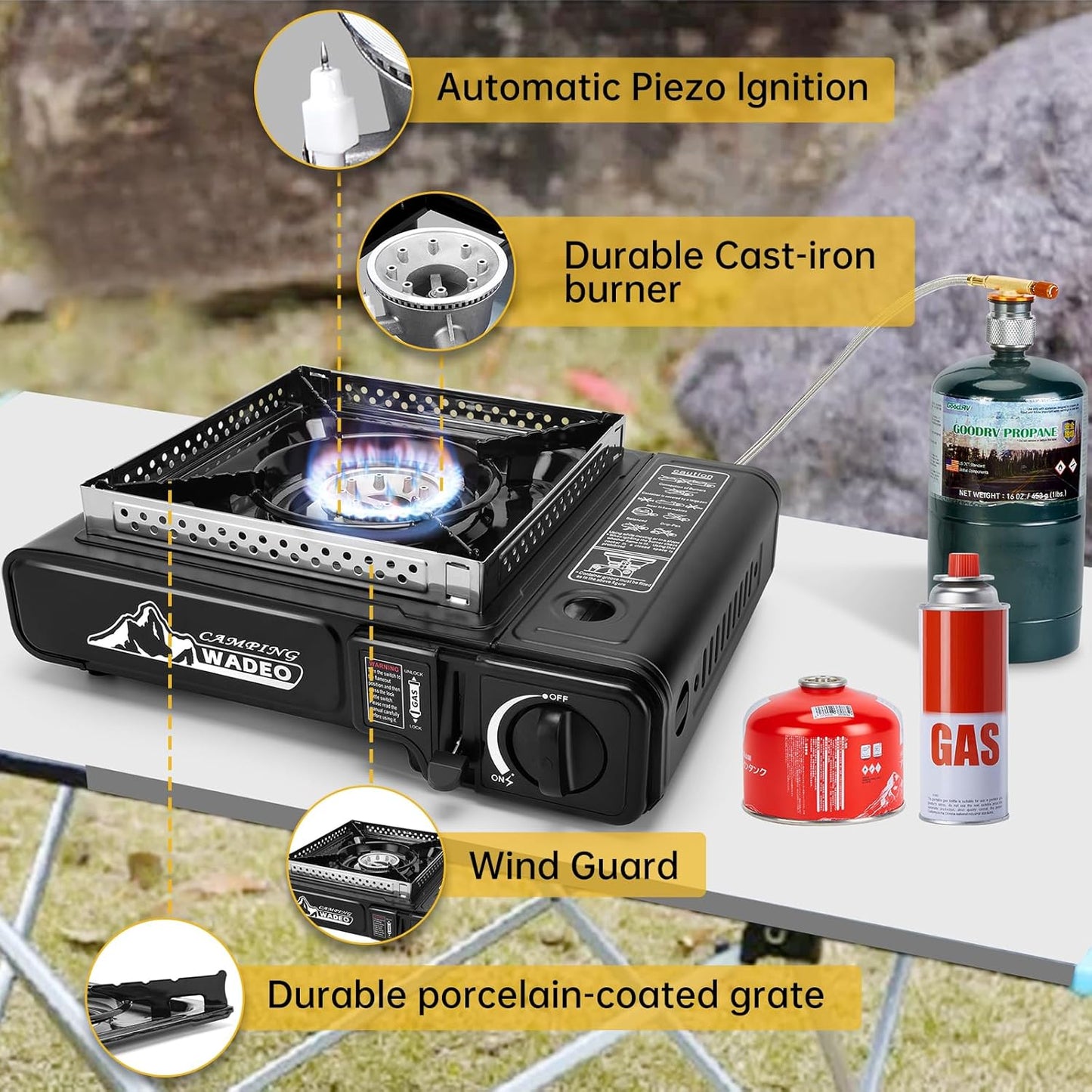 3-in-1 Portable Camping Stove with Propane & Butane Adapters, Stainless Steel Hose for BBQ, Outdoor Cooking, Travel & RV.