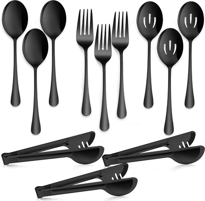 Large Black Serving Utensils Set of 12,  Stainless Steel 9.8 Inch Serving Spoons Slotted Spoon, 9.9 Inch Serving Forks, 9.4 Inch Serving Tong for Buffet Catering, Mirror Finish & Dishwasher Safe