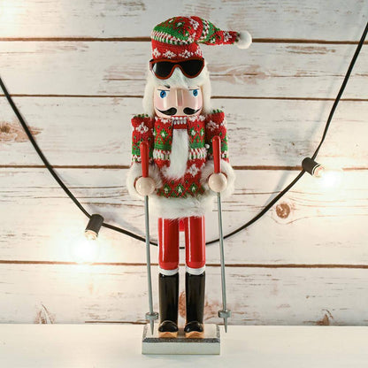 15 In. Wooden Christmas Skier Man Nutcracker -Red and Green Nutcracker Guy with Ugly Sweater and Skis in Skiing Pose