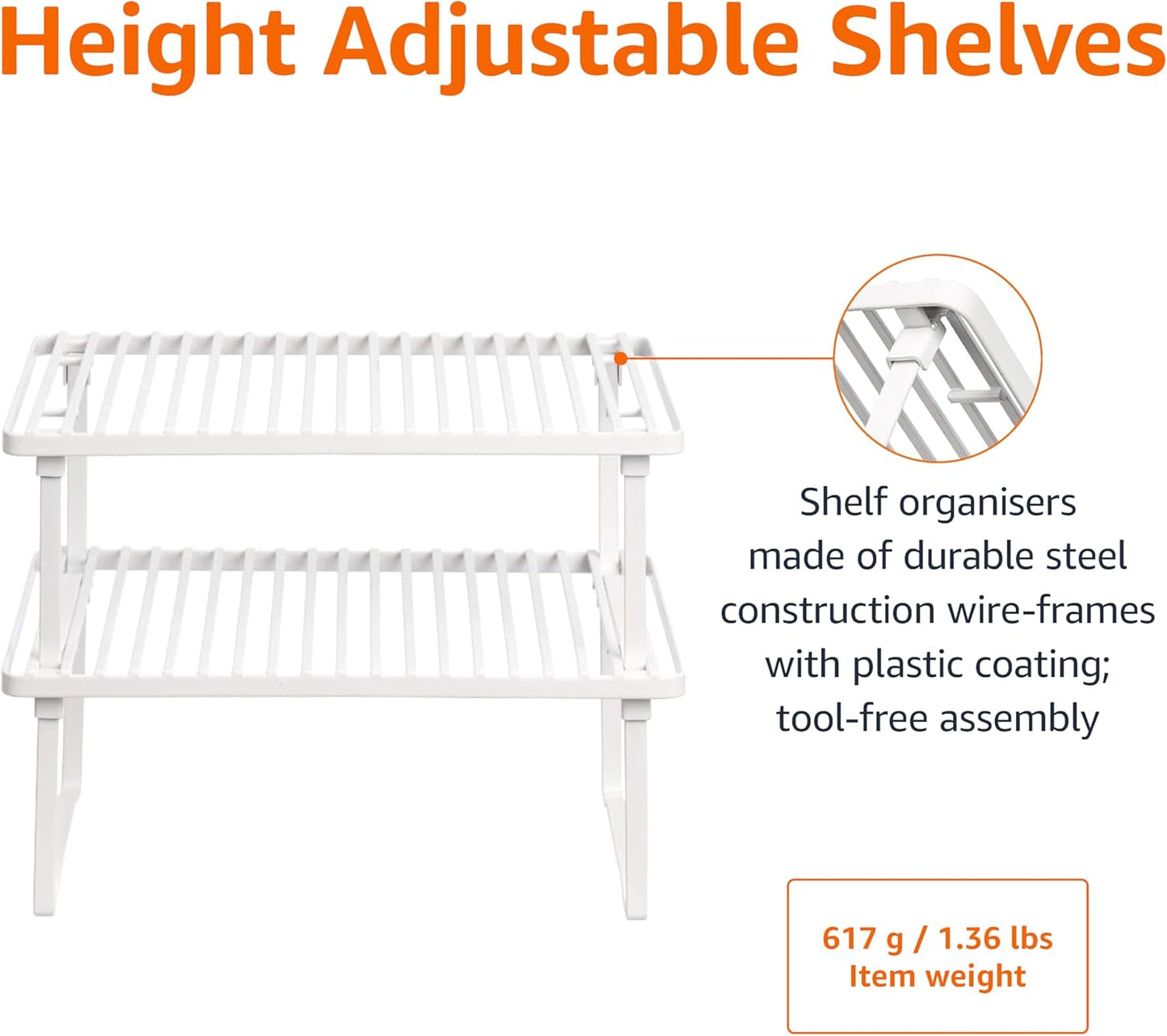 Stackable Metal Kitchen Storage Shelves, Set of 2 - White, 12.5" L X 8" D X 4.5" H