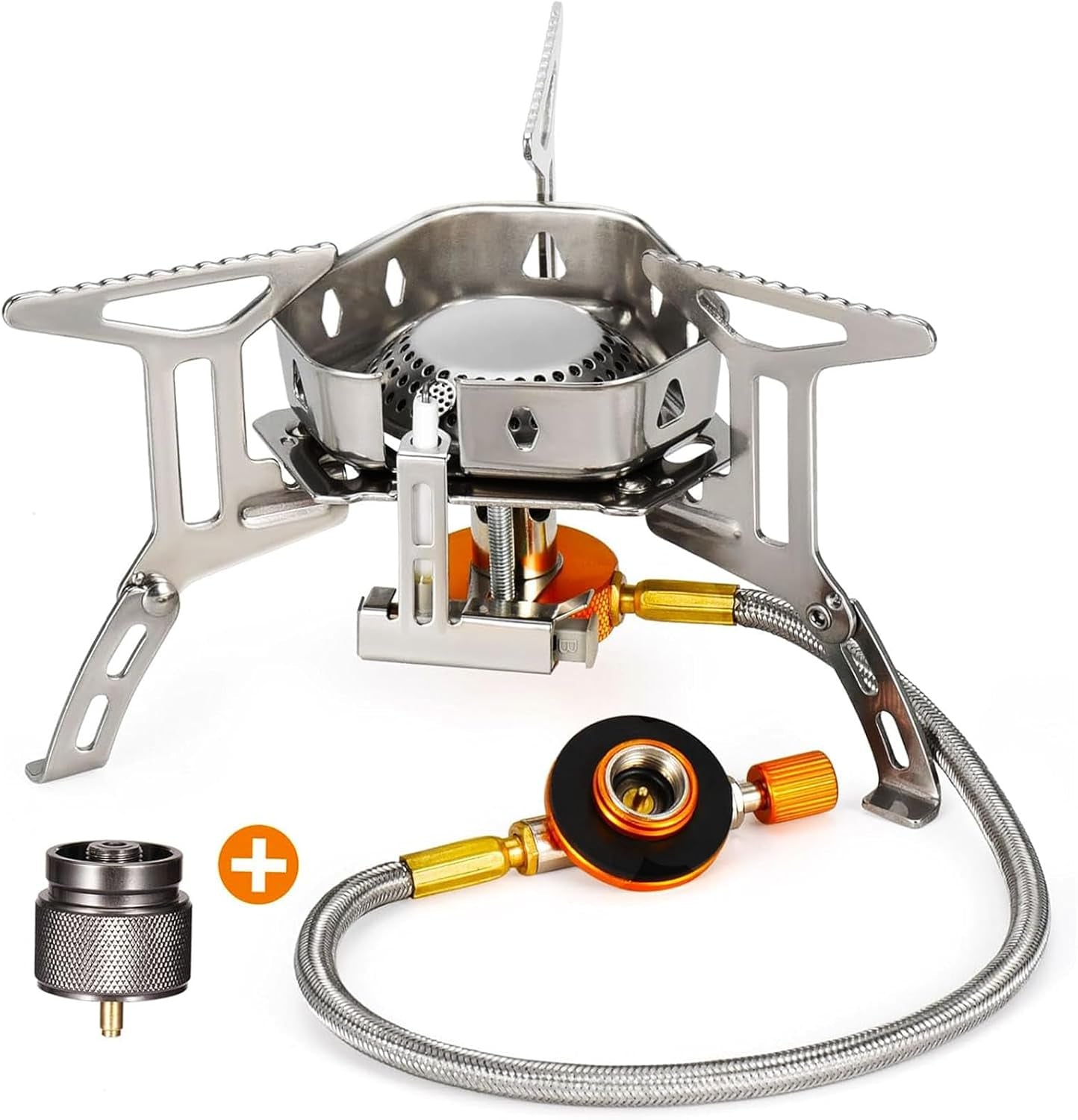 Portable Backpacking Stove with Piezo Ignition Windproof Camping Gas Stove Camp Stove Foldable Burner with Propane Canister Adapter for Outdoor Camping Hiking Picnic