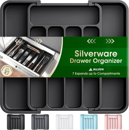 Silverware Organizer - Expandable Kitchen Drawer Organizer, Adjustable Utensil Organizer, Cutlery Drawer Organizer for Forks, Knives, Multipurpose Kitchen Organizers and Storage Solution, Black