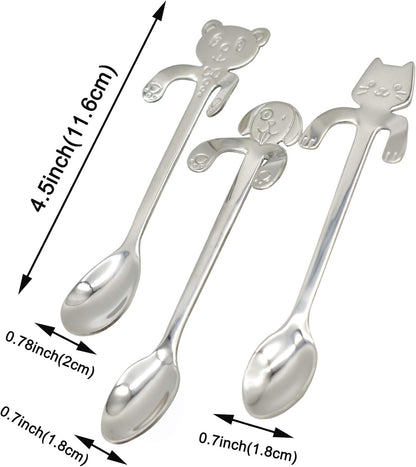 6PCS Dog Cat Bear Coffee Spoon 4.5 Inch Animal Spoons 18/10（304）Stainless Steel Hanging Stirring Dessert Drink Spoons Tableware Kitchen Supplies