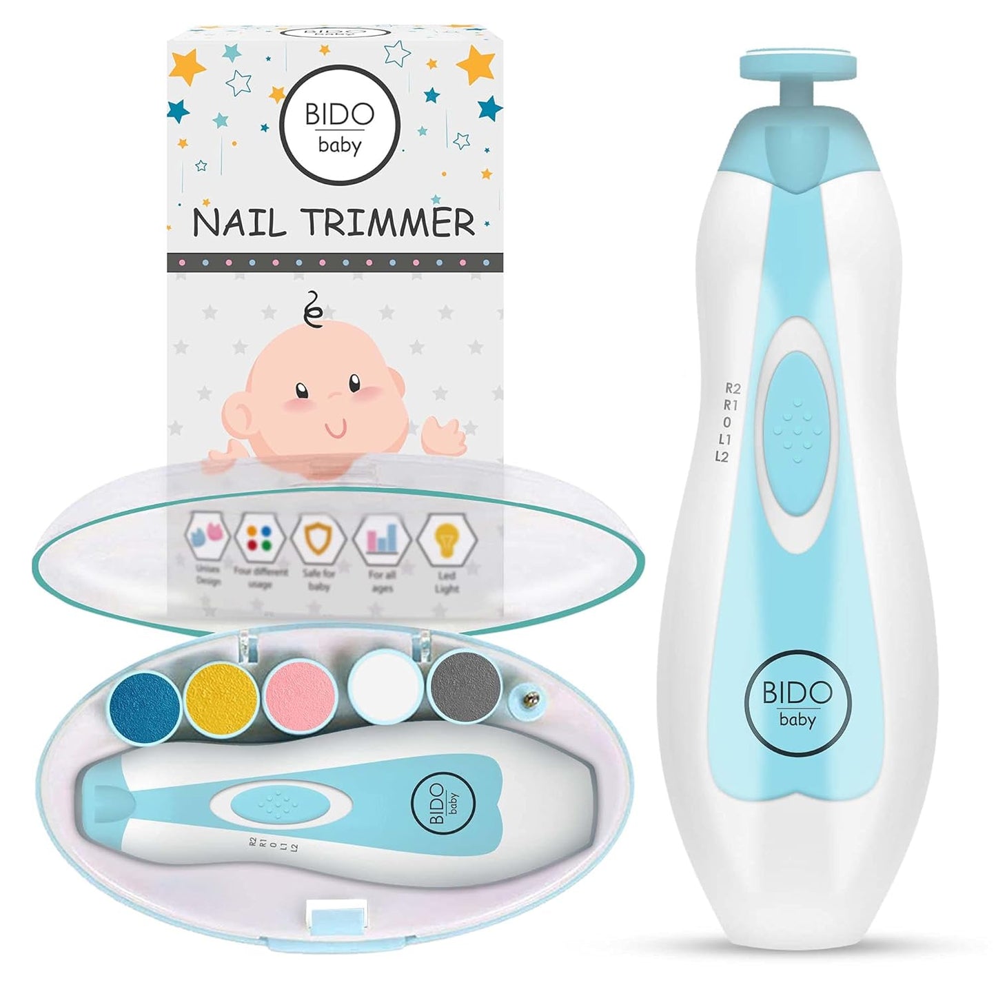 Baby Nail Trimmer File Electric-Safe Baby Nail Clippers,Manicure Kit for Newborn Toddler and Kids,12 Grinding Heads and LED Light, Pink or Blue (Blue)