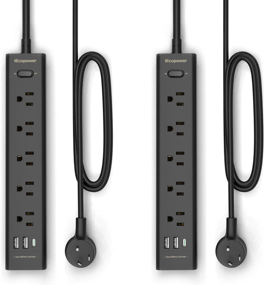 2 Pack Power Strip Surge Protector-5 Widely Spaced Outlets 3 USB Ports(1 USB C Port),1250W/10A with 5Ft Extension Cord, Power Strips with Surge Protection, Wall Mount for Home Office,Black