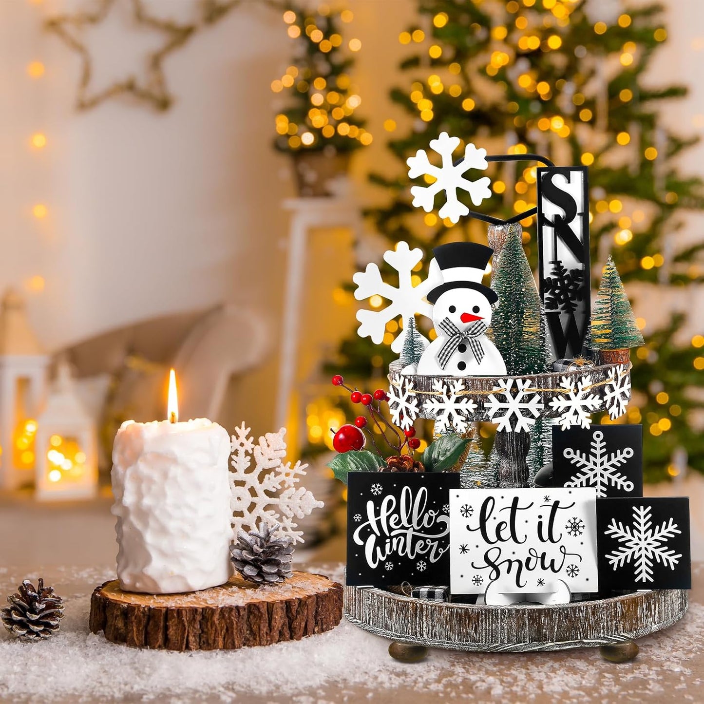 13 Pcs Christmas Tiered Tray Decor Winter Black and White Snowflake Table Wood Decor Snowman Wooden Sign Rustic Farmhouse Coffee Bar Signs Winter Tray Decor for Home Xmas Holiday Tabletop