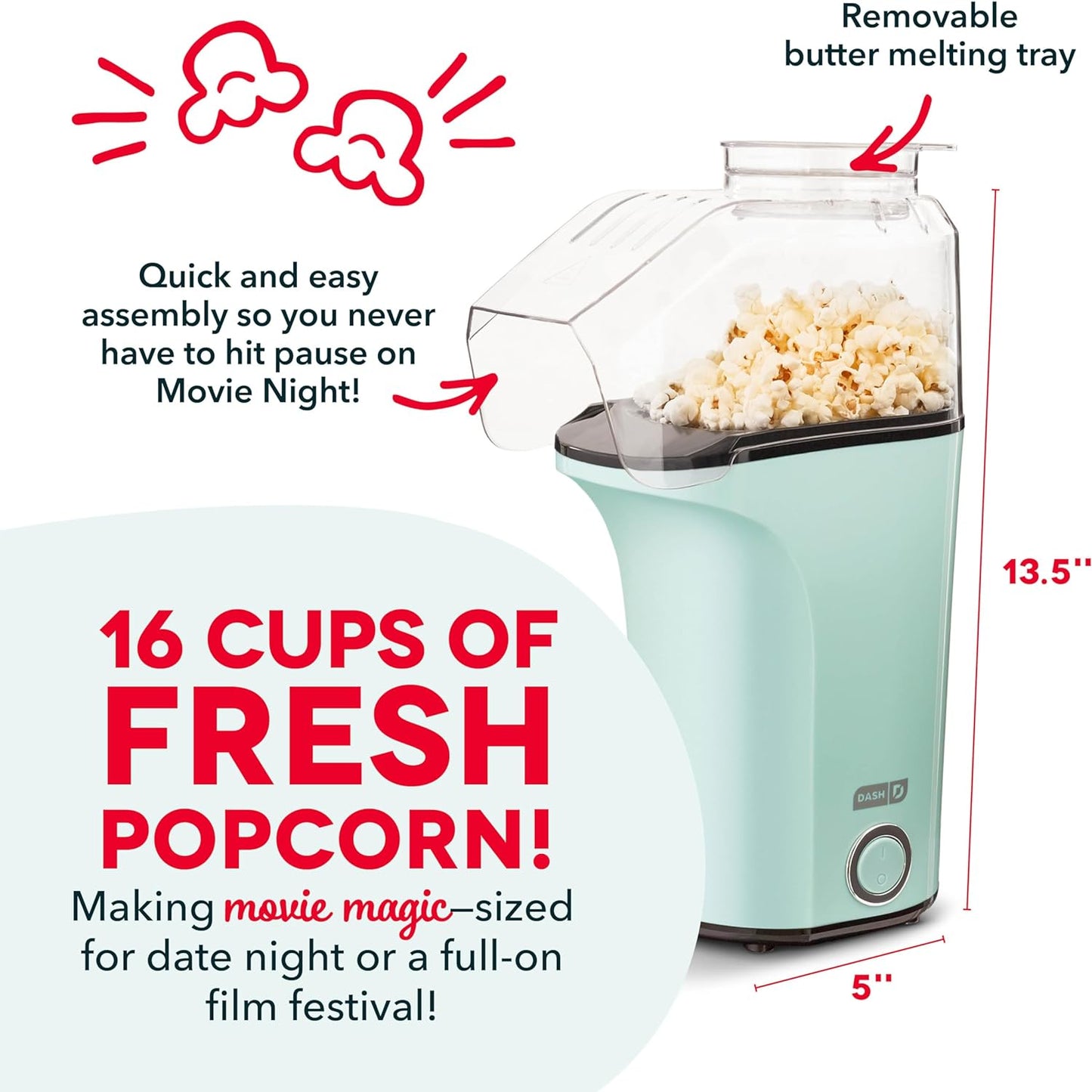 Hot Air Popcorn Popper Maker with Measuring Cup to Portion Popping Corn Kernels + Melt Butter, 16 Cups - Aqua