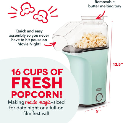 Hot Air Popcorn Popper Maker with Measuring Cup to Portion Popping Corn Kernels + Melt Butter, 16 Cups - Aqua