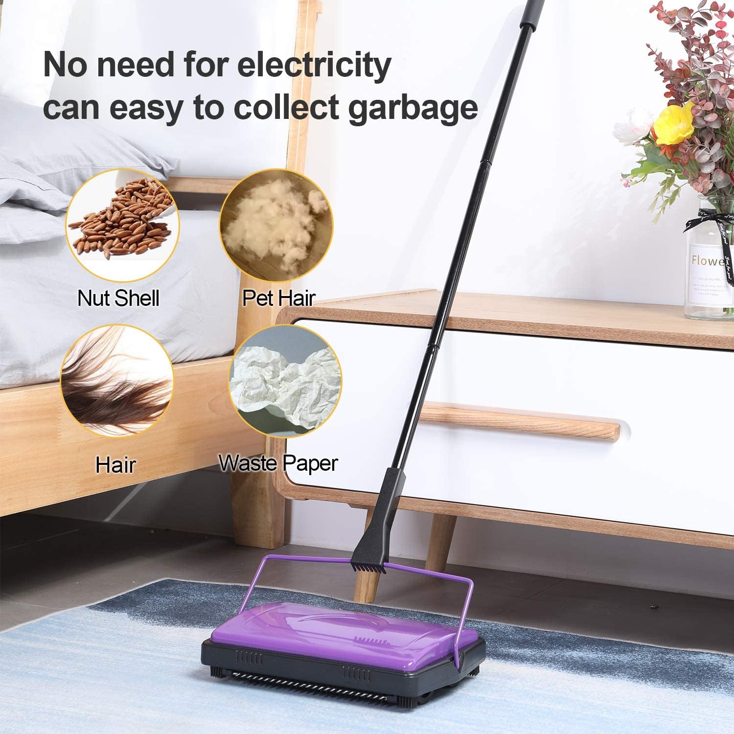 Carpet Sweeper Cleaner for Home Office Low Carpets Rugs Undercoat Carpets Pet Hair Dust Scraps Paper Small Rubbish Cleaning with a Brush Purple