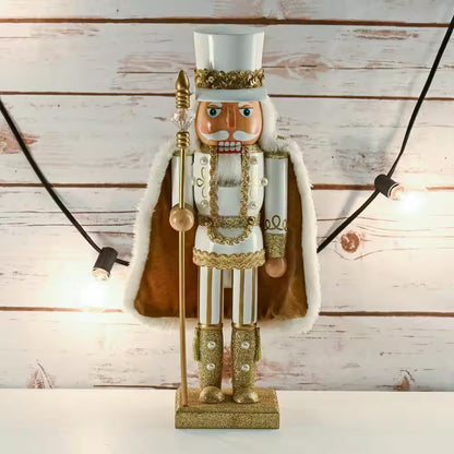 14 In. Wooden Christmas Gold King Nutcracker-Gold and White Glittered Nutcracker with Gold and White Fur Cape and Staff