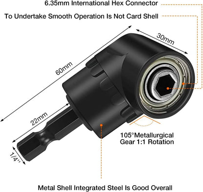 Right Angle Drill Adaptor,4-In-1 Impact Drill Bit Extension,360° Rotatable 1/4 3/8 1/2" Impact Grade Socket Adapter Set,105 Degree Angle Screwdriver Drill Bit for Household Workplace Industry