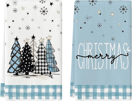 Blue Xmas Tree Merry Christmas Kitchen Towels Dish Towels, 18X26 Inch Buffalo Plaid Snowflakes Winter Decoration Hand Towels Set of 2