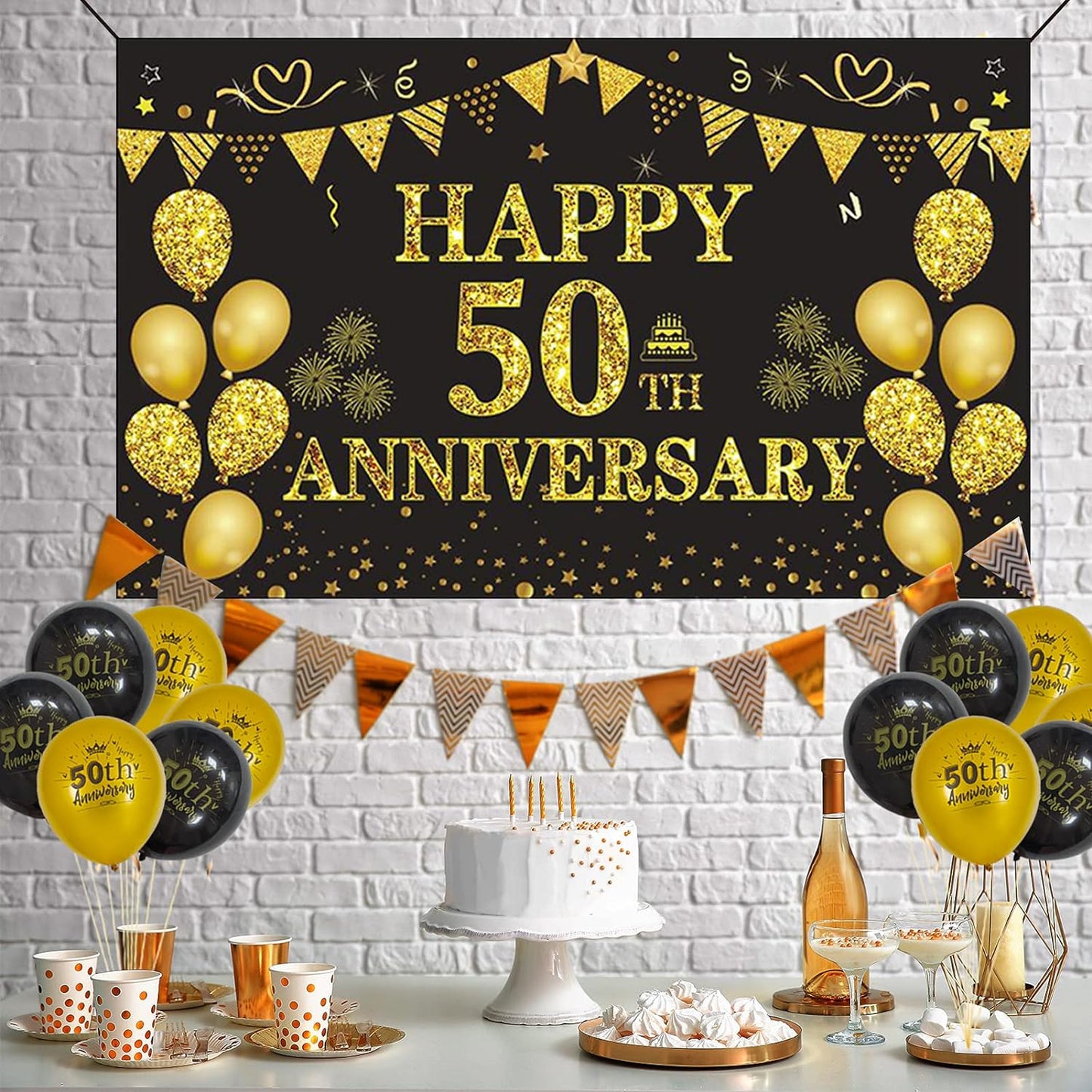 50Th Wedding Anniversary Decorations, Large Happy 50Th Anniversary Banner Backdrop 70 X 43 Inches, Black and Gold Party Balloons, Hanging Swirls for Indoor Outdoor Home Wall Party Supplies