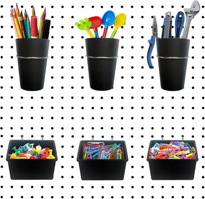 6 Sets Pegboard Bins Peg Board Cups with Hooks & Rings Assortment, Pegboard Hooks Holder for Organizing Various Tools