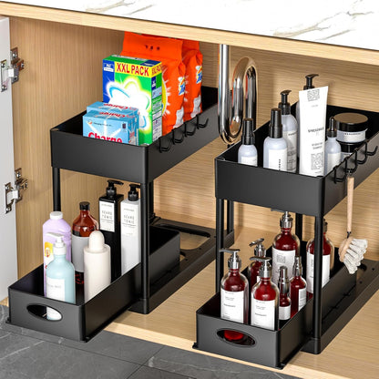 under Sliding Cabinet Basket Organizer, 2 Tier under Sink Organizers Black under Sink Storage for Bathroom Kitchen