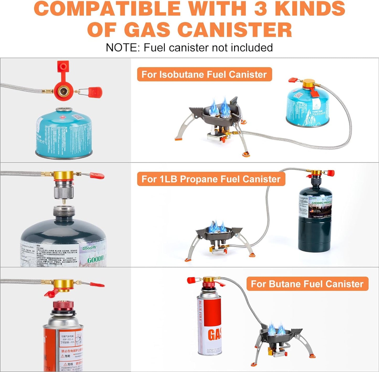 7200W Windproof Camping Gas Stove with Piezo Ignition, Dual Canister Adapter & Carry Case for Backpacking, Hiking & Picnics.