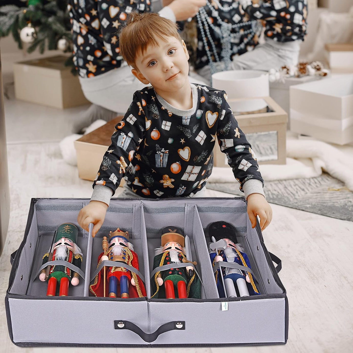 2 Pack Christmas Figures Storage Box | Each Holds 4 Holiday Figurines up to 16” | Adjustable Nutcracker Decor Ornament Storage Container | Xmas Decorations Accessories Boxes (Gray)