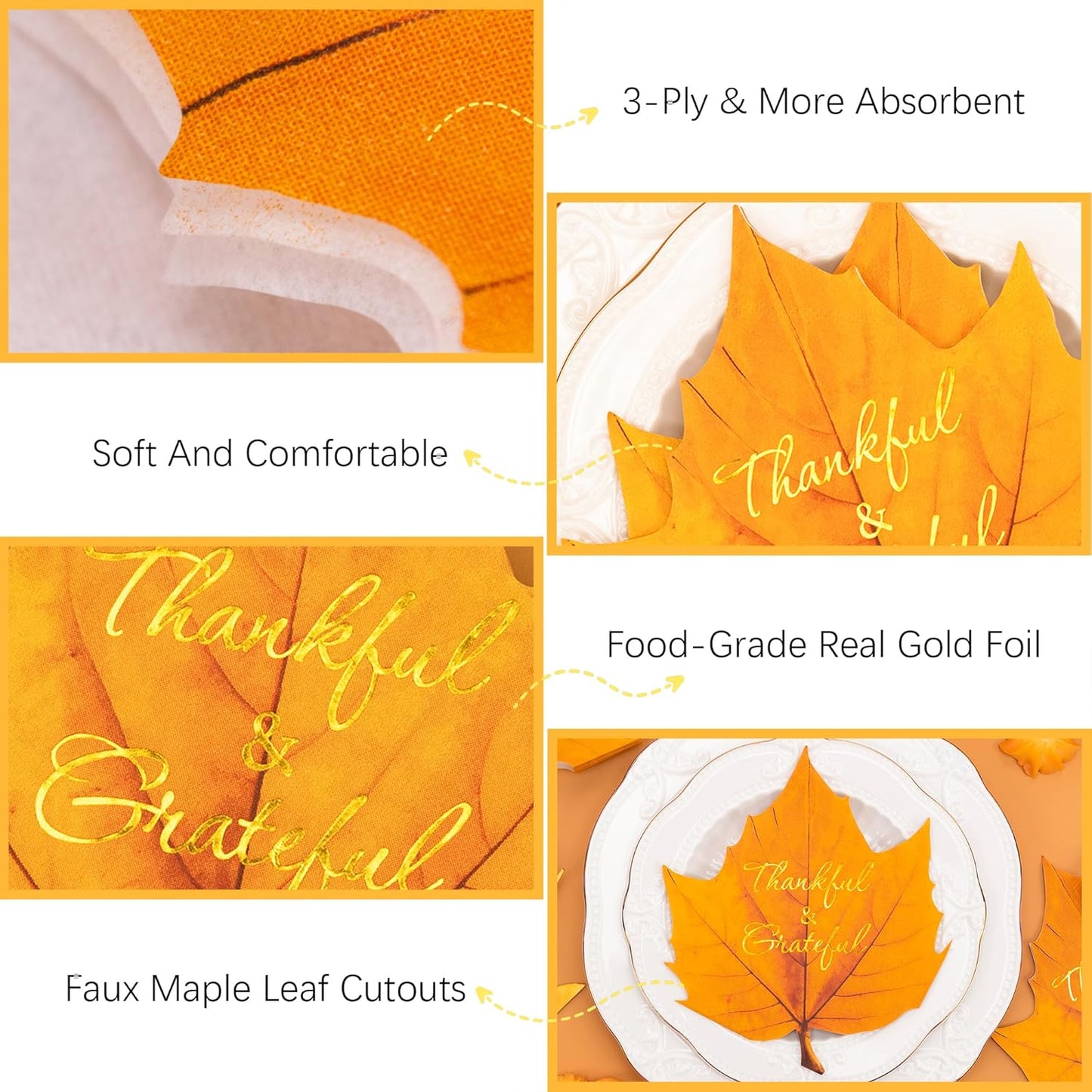 Elegant Golden Leaf Thanksgiving Napkins - Decorative Dinner and Cocktail Beverage Napkins for Home, Kitchen, and Party Supplies