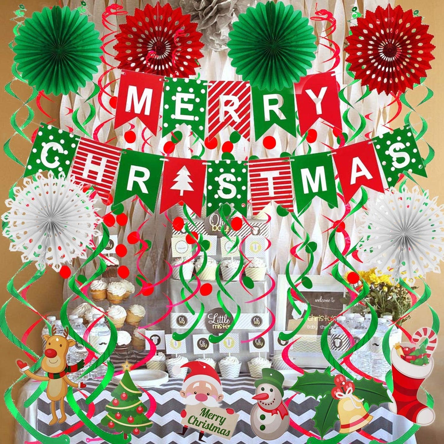 Merry Christmas Banner Paper Fan Flower Circle Confetti Dots Hanging Garlandand Swirl Streamers Christmas Tree Christmas Snowman God Tang for Christmas Party Decoration