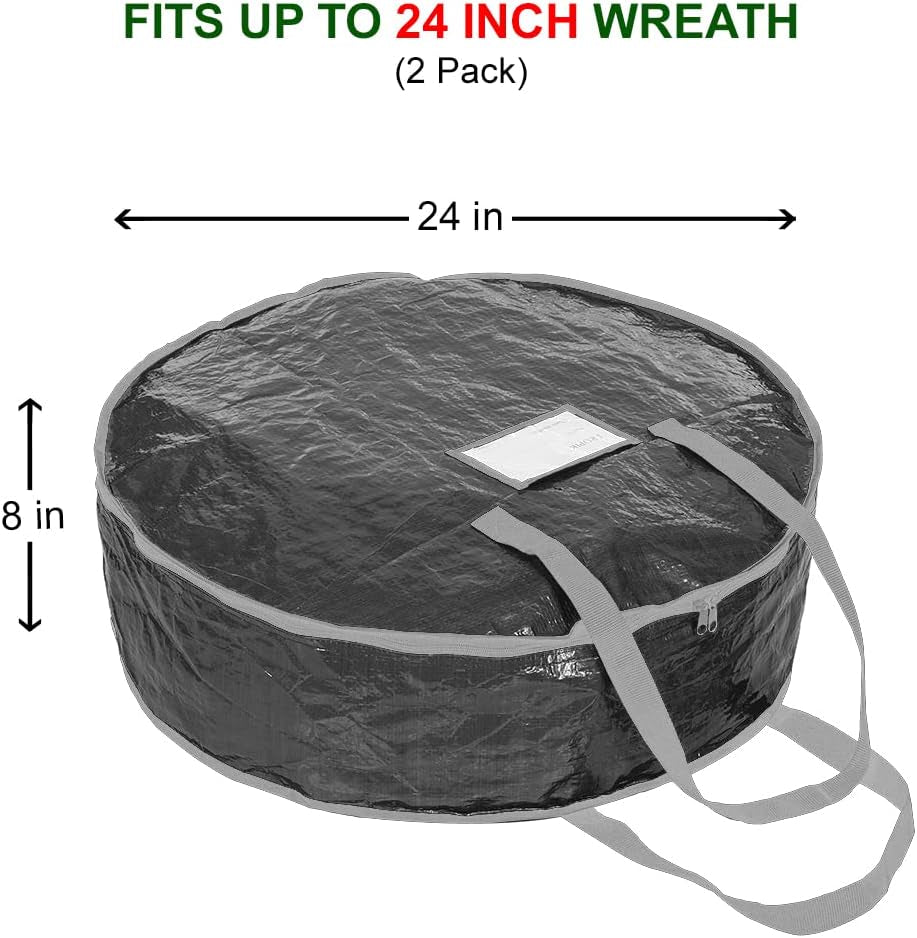 Christmas Wreath Storage Bag 24" - Garland Holiday Container with Tear Resistant Material - Featuring Heavy Duty Handles and Transparent Card Slot - 2 Pack (24 Inch, Black)