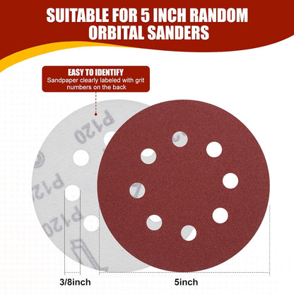 70 PCS 5 Inch Sanding Discs, 40 80 120 180 240 320 400 600 800 Grit Hook and Loop Sandpaper for Random Orbital Sander