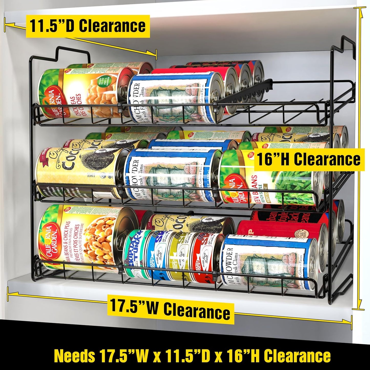 Stackable Can Rack Organizer for Kitchen and Pantry, 3 Tier, Black