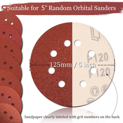 5 Inch Sanding Discs Hook and Loop, 70 PCS 8 Hole Sandpaper Include 120, 240, 320, 400, 600, 800, 1000 Grit for Random Orbital Sander