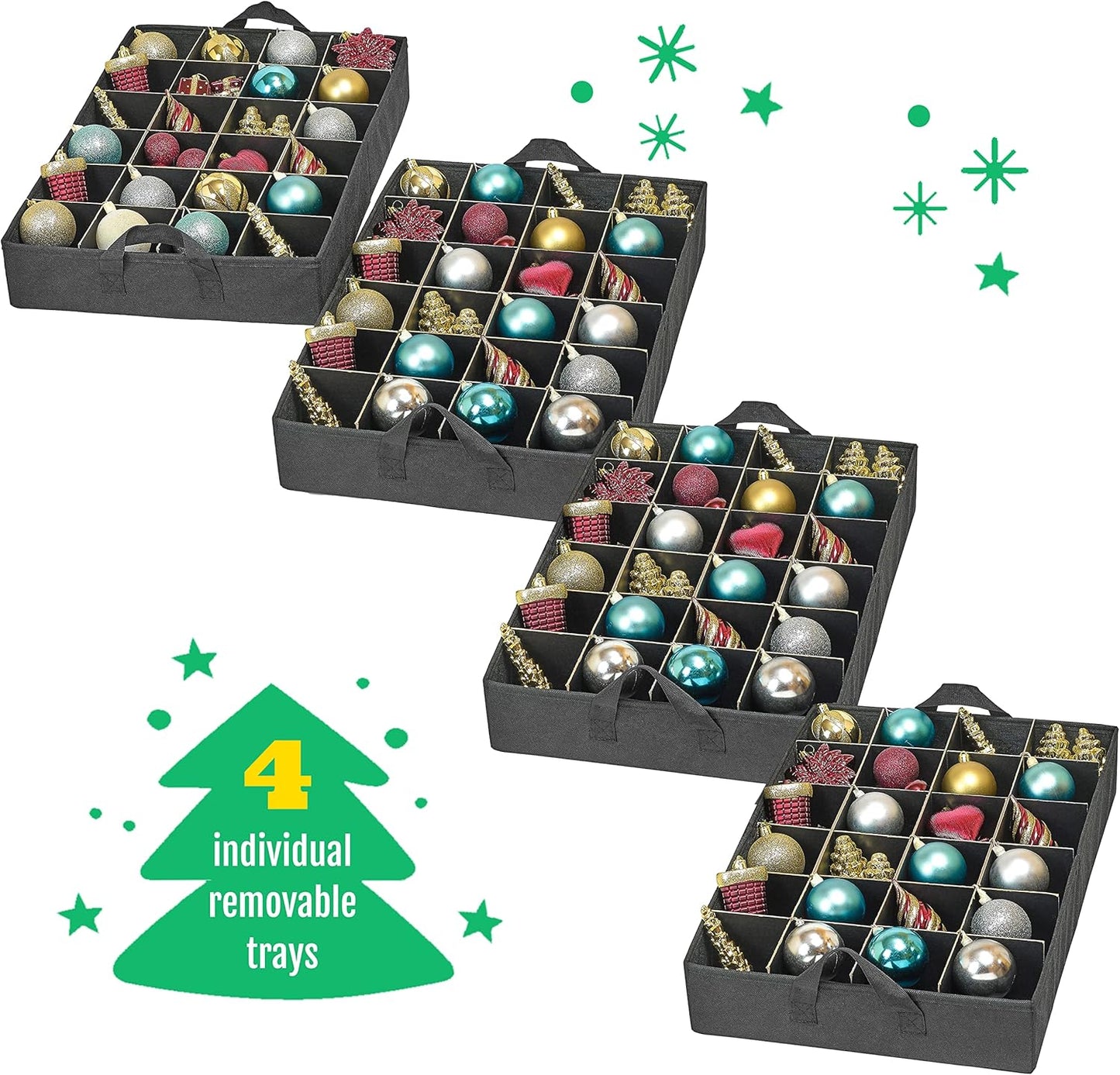 Christmas Ornament Storage Container Box with Dividers – Convenient Durable 4 Individual Removable Trays Fits up to 96-3” Ornaments.