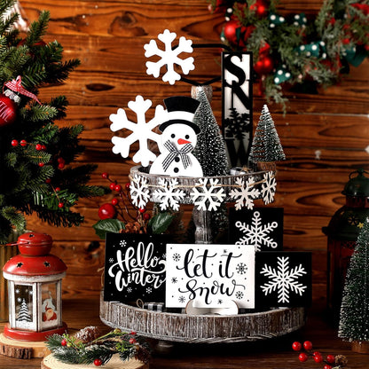 13 Pcs Christmas Tiered Tray Decor Winter Black and White Snowflake Table Wood Decor Snowman Wooden Sign Rustic Farmhouse Coffee Bar Signs Winter Tray Decor for Home Xmas Holiday Tabletop