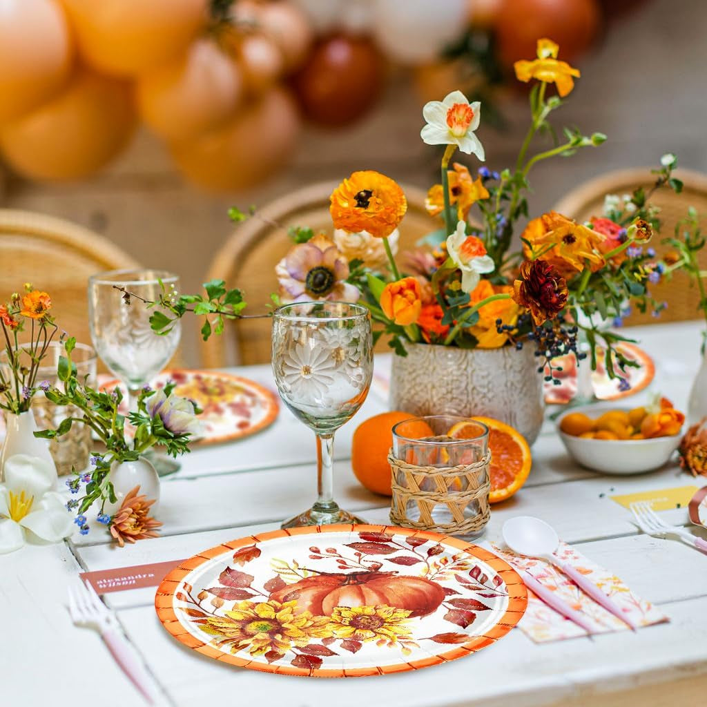 25Pcs Fall Paper Plates - 7 Inch Pumpkin & Sunfloral Disposable Plates Decorative Dinner Plates for Party Tableware Supplies Table Decor