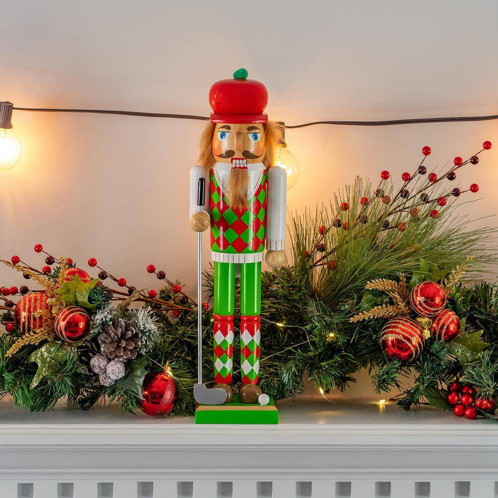 15 In. Wooden Golf Player Christmas Nutcracker-Red and Green Golfer with Club and Ball Holiday Nutcracker Figure Decor