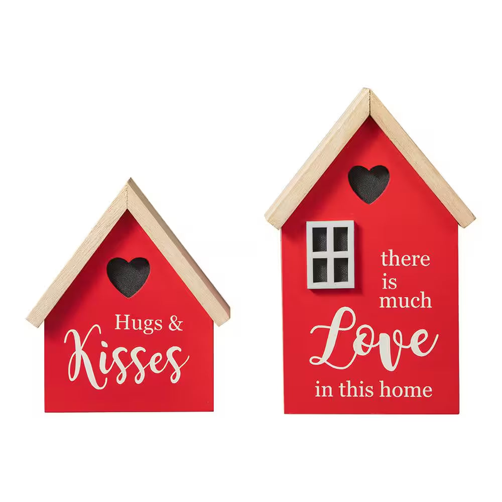 8.50 In. H Valentine'S Lighted Wooden House-Shaped Table Decor（Set of 2）