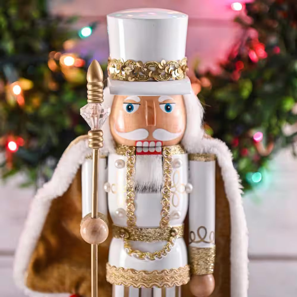 14 In. Wooden Christmas Gold King Nutcracker-Gold and White Glittered Nutcracker with Gold and White Fur Cape and Staff