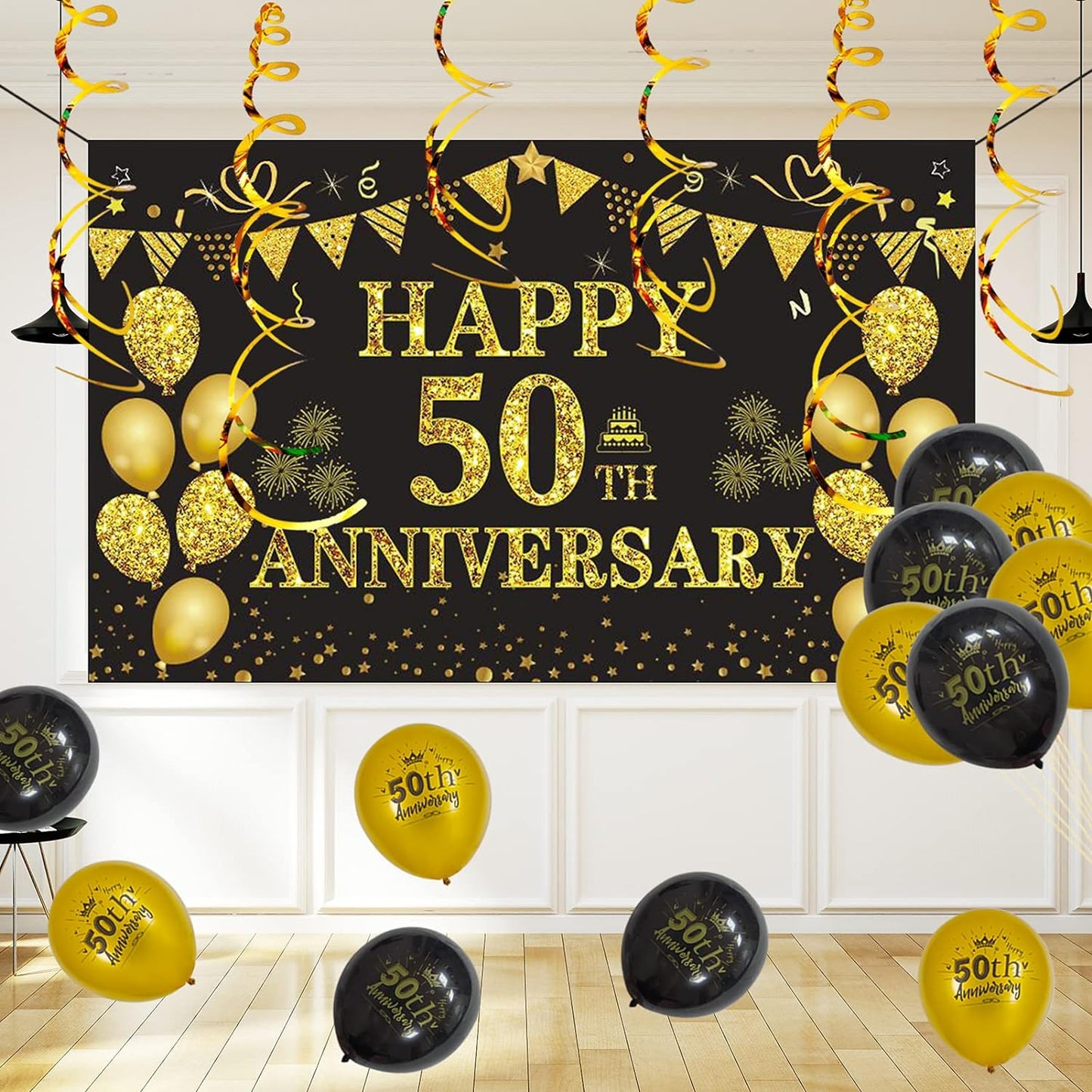 50Th Wedding Anniversary Decorations, Large Happy 50Th Anniversary Banner Backdrop 70 X 43 Inches, Black and Gold Party Balloons, Hanging Swirls for Indoor Outdoor Home Wall Party Supplies