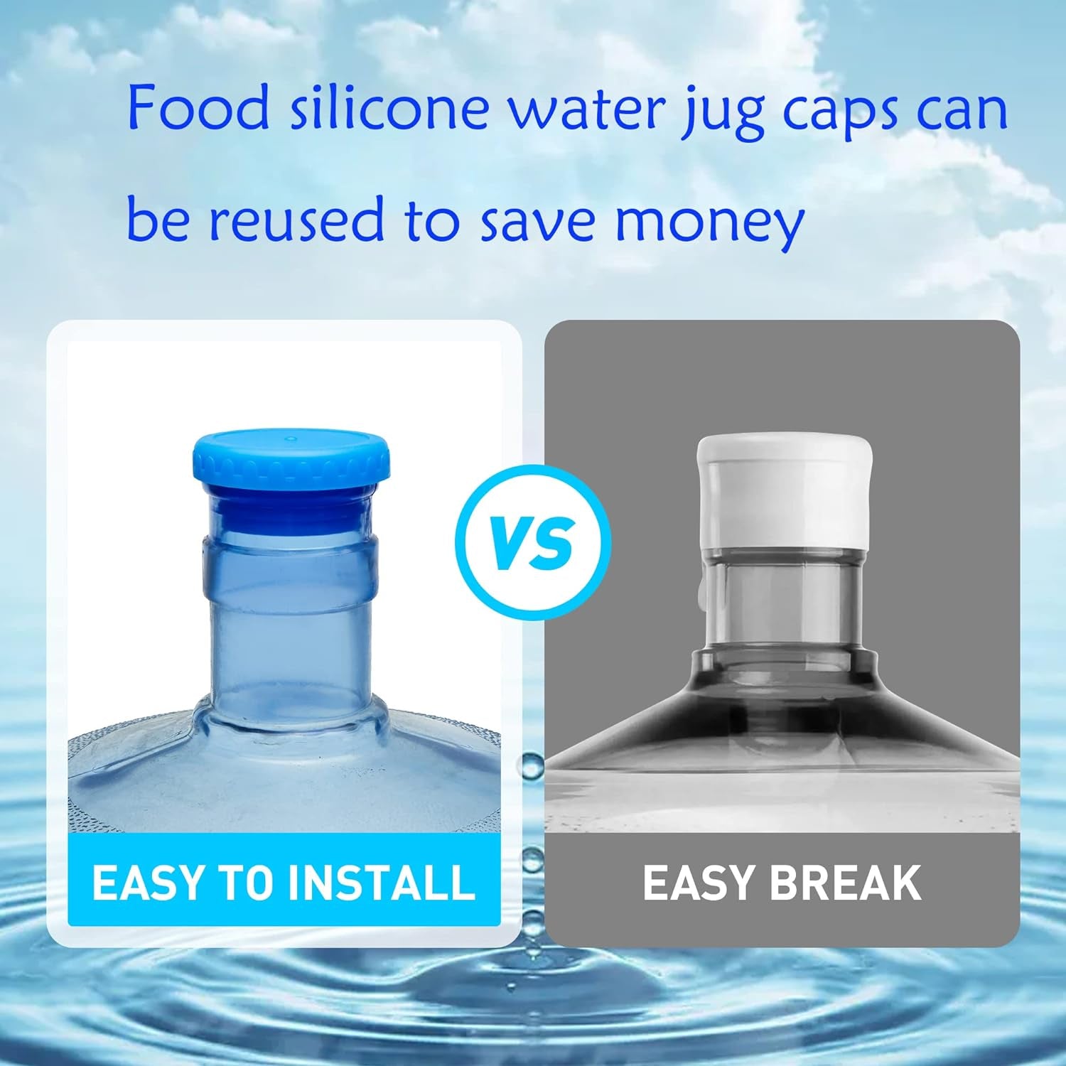 Water Jug Caps 5 Gallon Reusable Silicone - Strong Sealing No Spill Top Lid Cover 55Mm Bottles for Outdoor & Kitchen - Pack by 4