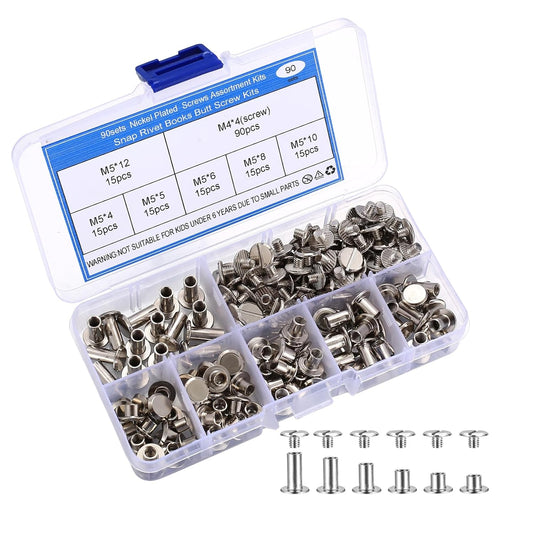 90-Piece Chicago Screws Assorted Kit - M5 Round Flat Head Leather Rivets in 6 Sizes for DIY Decoration, Repair, and Crafting (M5 X 4, 5, 6, 8, 10, 12)