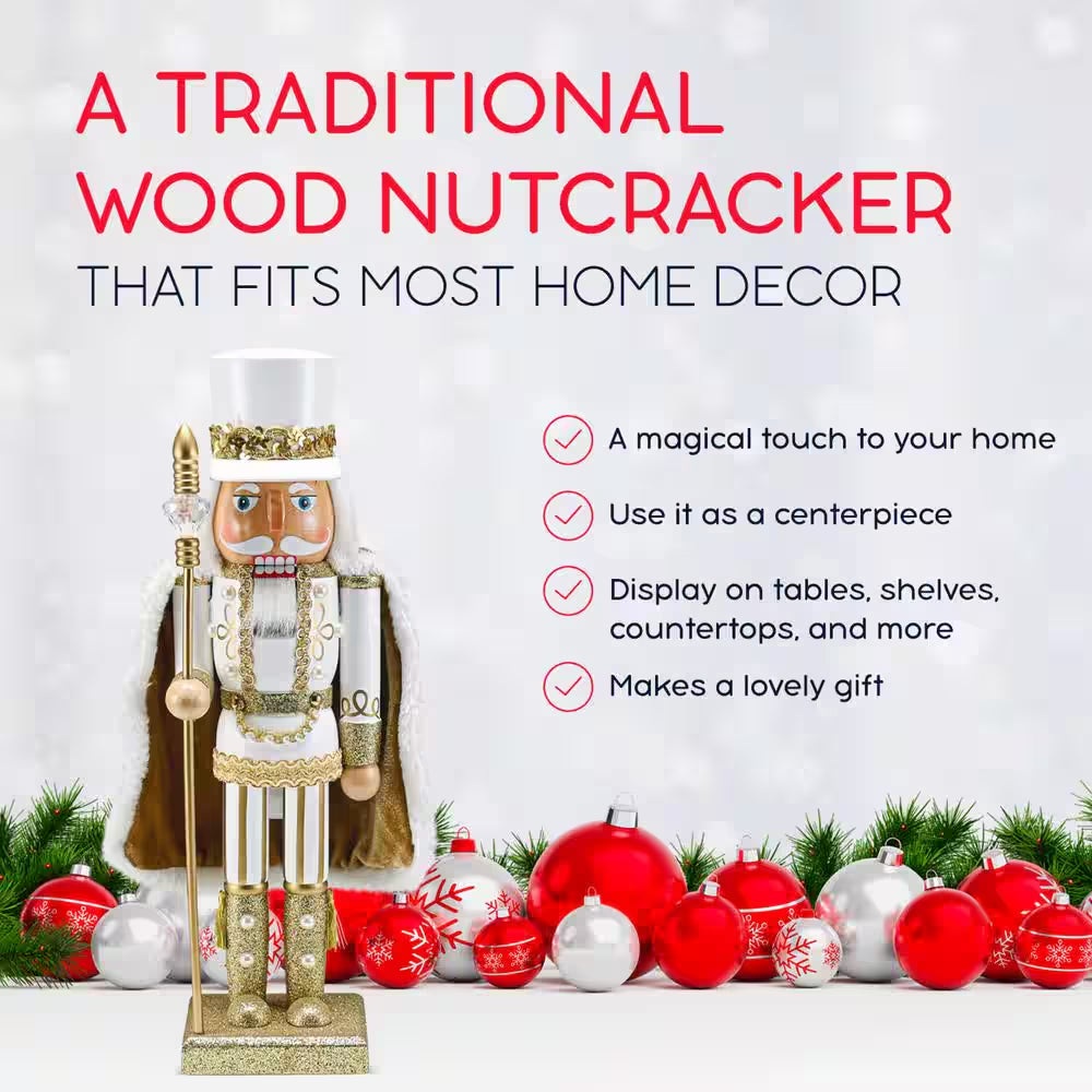 14 In. Wooden Christmas Gold King Nutcracker-Gold and White Glittered Nutcracker with Gold and White Fur Cape and Staff