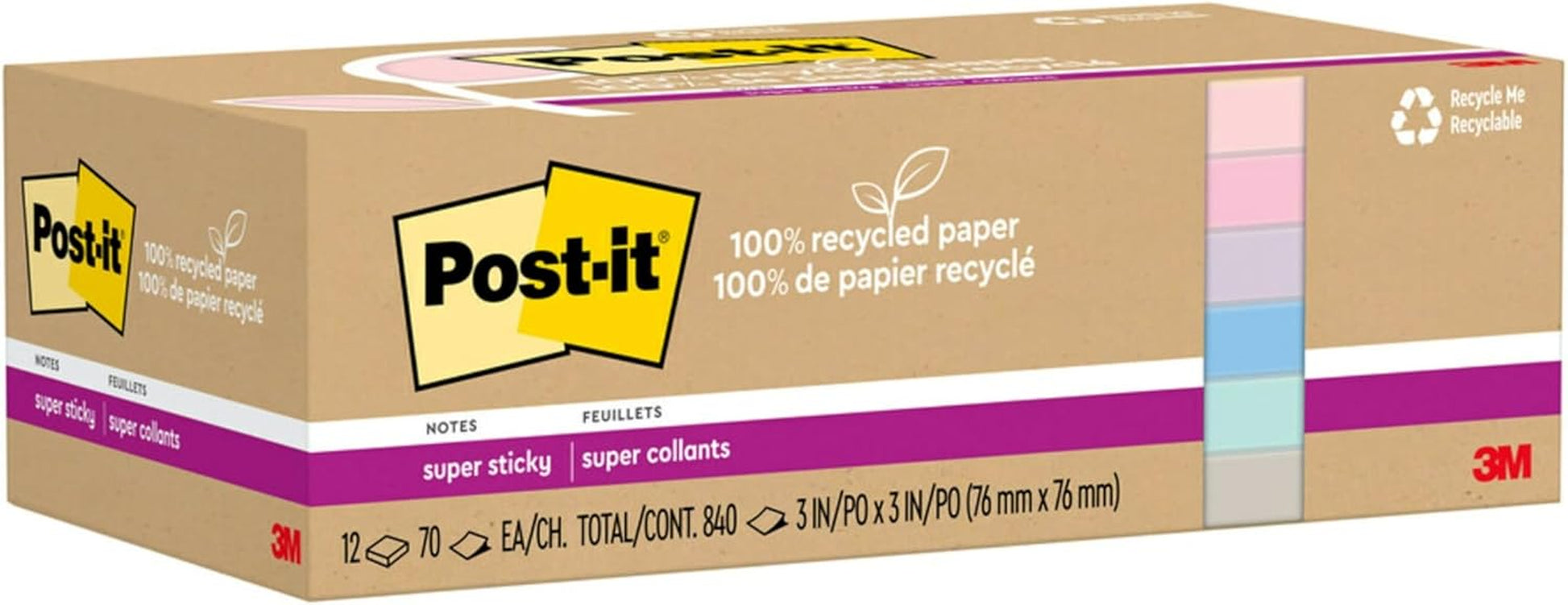 100% Recycled Paper Super Sticky Notes, 2X the Sticking Power, 3X3 In, 12 Pads/Pack, 70 Sheets/Pad, Wanderlust Pastels Collection