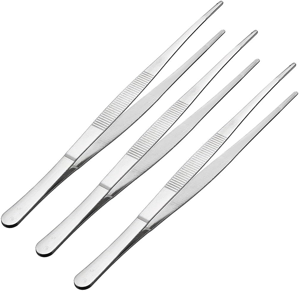 3 Pcs 10-Inch Stainless Steel Straight Blunt Tweezers Serrated Tip Daily Garden Tool