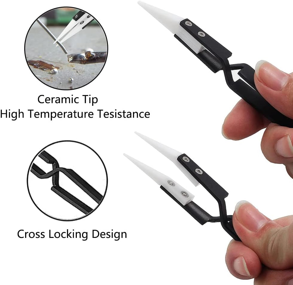 3PCS Ceramic Tweezers Precision Reverse Stainless Steel Anti-Static Heat-Resistant Conductive Cross Lock Electronics Tweezers Set Straight Curved Tip Soldering Tool