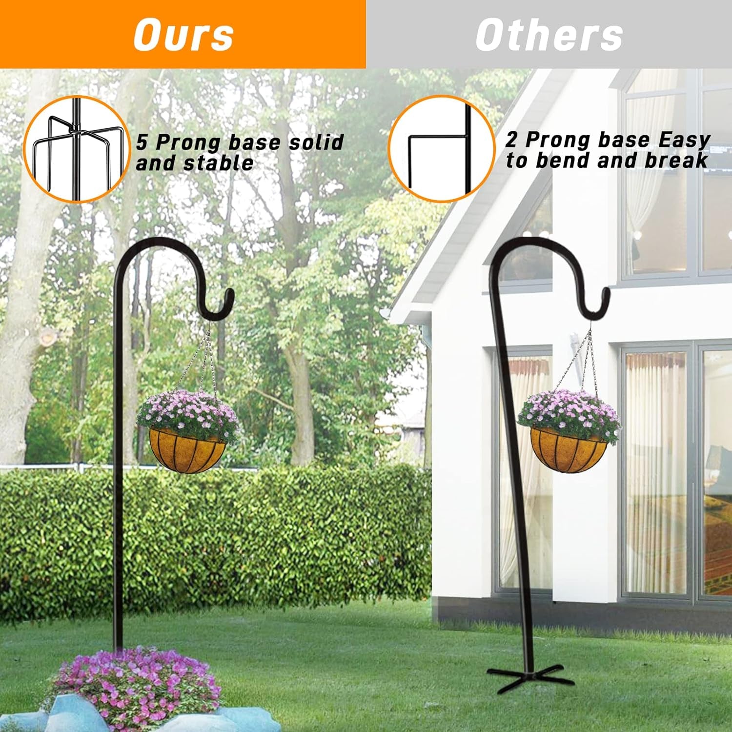 Heavy-Duty Adjustable Shepherd's Hooks - 48-Inch (2-Pack) for Bird Feeders, Lanterns, and Plant Hangers with 5-Prong Base for Outdoor Use and Weddings