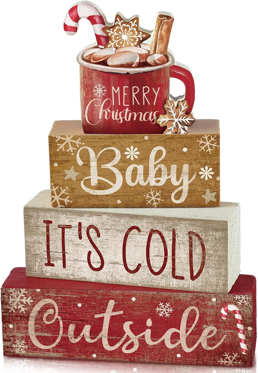 4 Pcs Wooden Christmas Tabletop Decor Christmas Cocoa Tiered Tray Decor Rustic Wood Hot Cocoa Block Sign Gift Merry Christmas Centerpiece Farmhouse Christmas Table Decor (Cocoa)