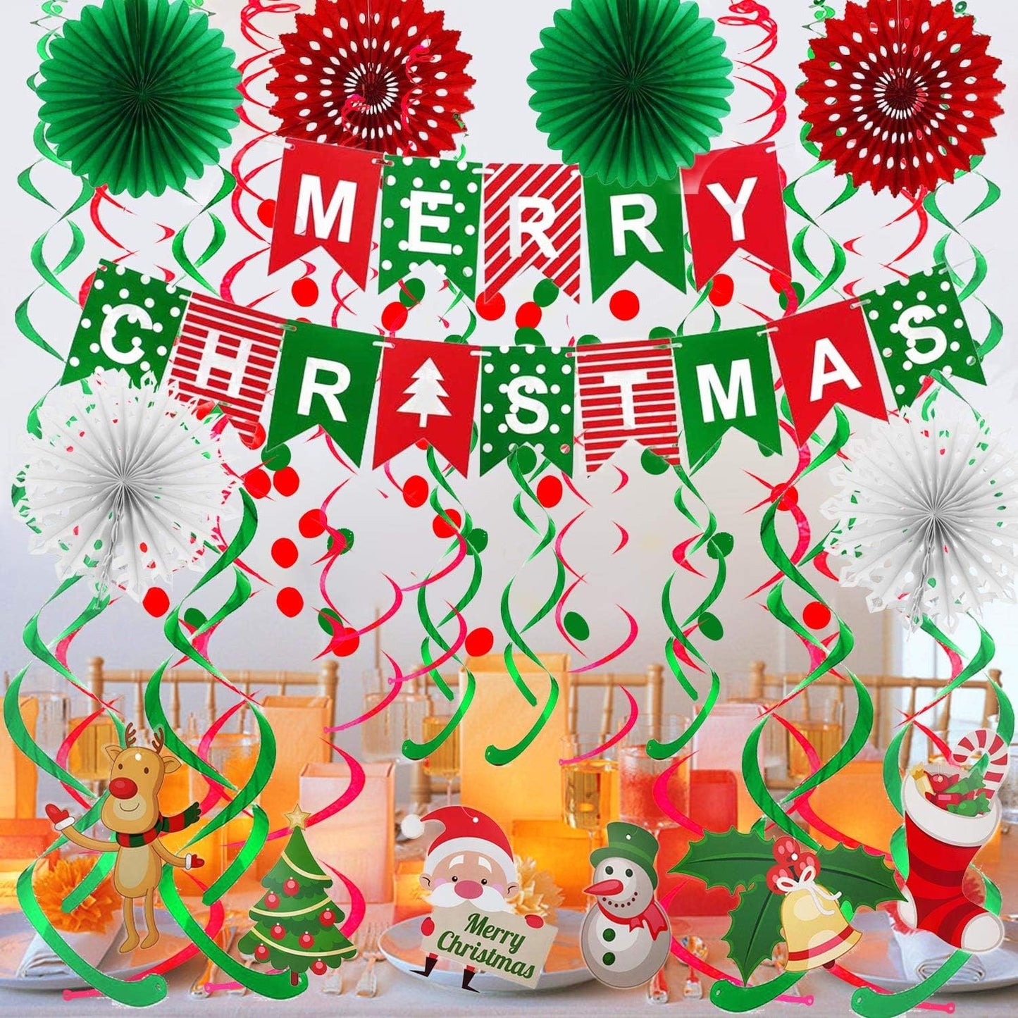 Merry Christmas Banner Paper Fan Flower Circle Confetti Dots Hanging Garlandand Swirl Streamers Christmas Tree Christmas Snowman God Tang for Christmas Party Decoration